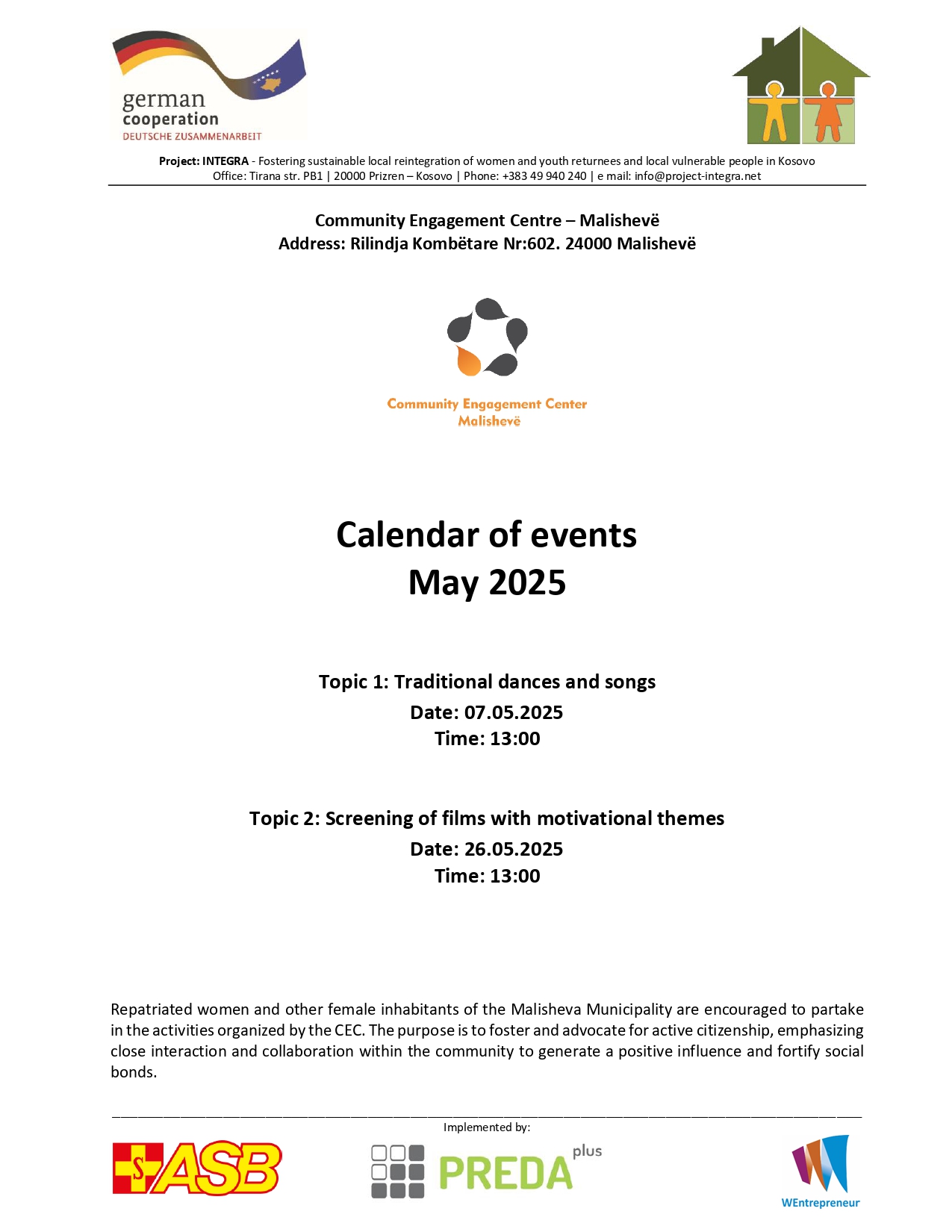 Calendar of events for Community Engagement Centers – Maj 2025